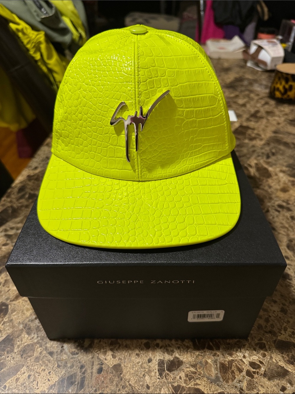 Giuseppe Zanotti Neon Yellow Croc-Embossed Leather Cap